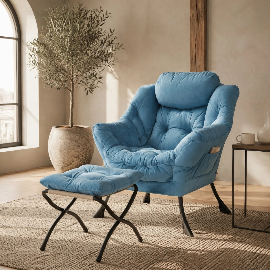 SEDIA Relax con Pouf Blu in Tessuto e Metallo