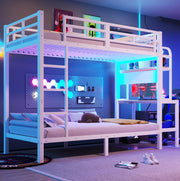 Letto a castello 90x200 cm bianco in metallo; scrivania e luci LED
