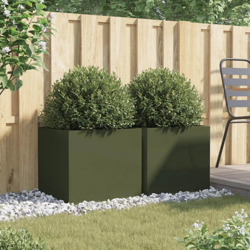 2 pz Fioriere | Cassetta per fiori | Vaso Verde Oliva 49x47x46 cm in Acciaio