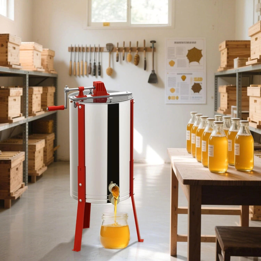 Fionda di miele manuale a 3 favi in acciaio inox centrifuga tangenziale estrattore di miele con coperchio, azionamento manuale e gambe regolabili centrifuga miele accessori universali per