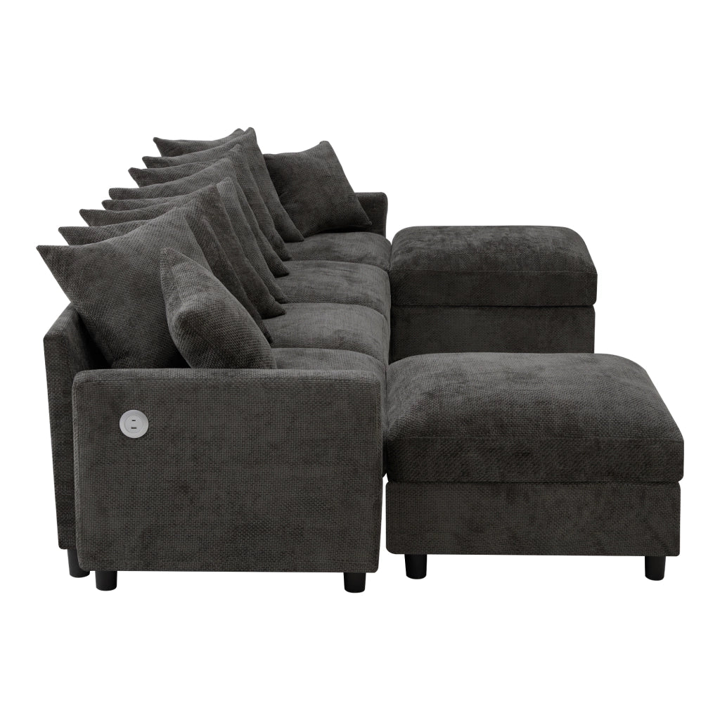 Divano modulare angolare a U e L con porte USB e Type C, cuscini regolabili in chenille grigia 283 × 153,5 × 78,5 cm