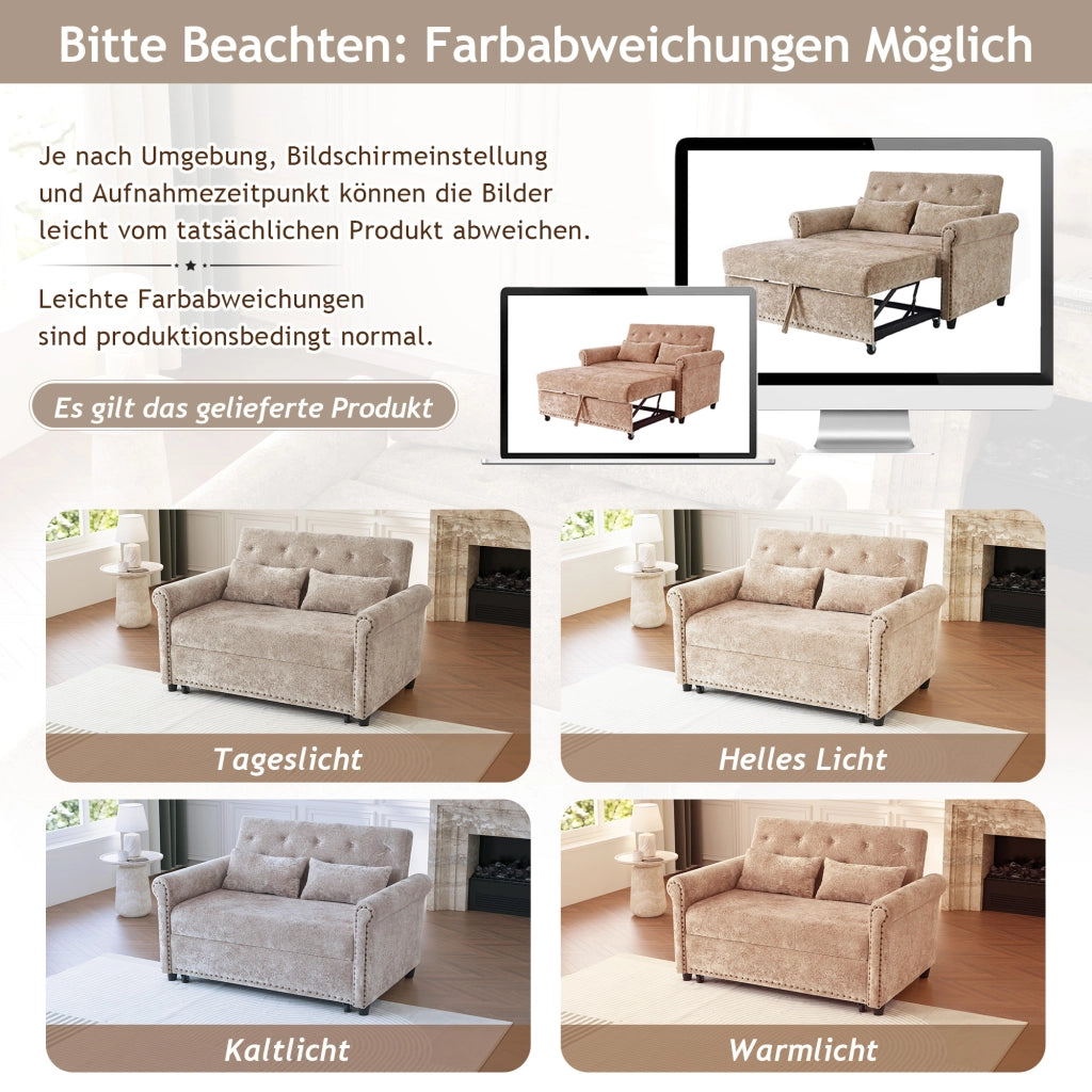 Divano letto 3 in 1 con schienale reclinabile a 3 posizioni e letto estraibile in tessuto chenille marrone grigio