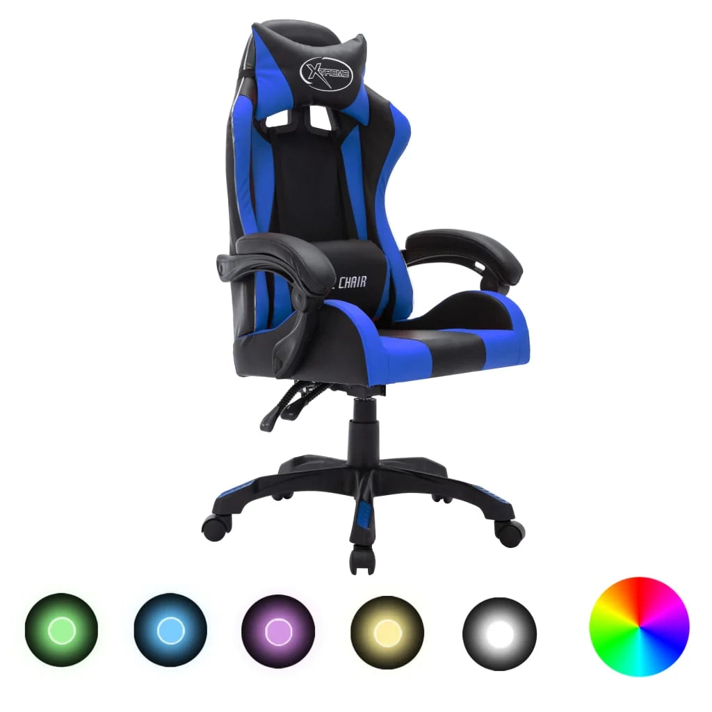 Sedia girevole da ufficio/studio per computer videogiochi con illuminazione LED RGB e similpelle blu 02_0024201