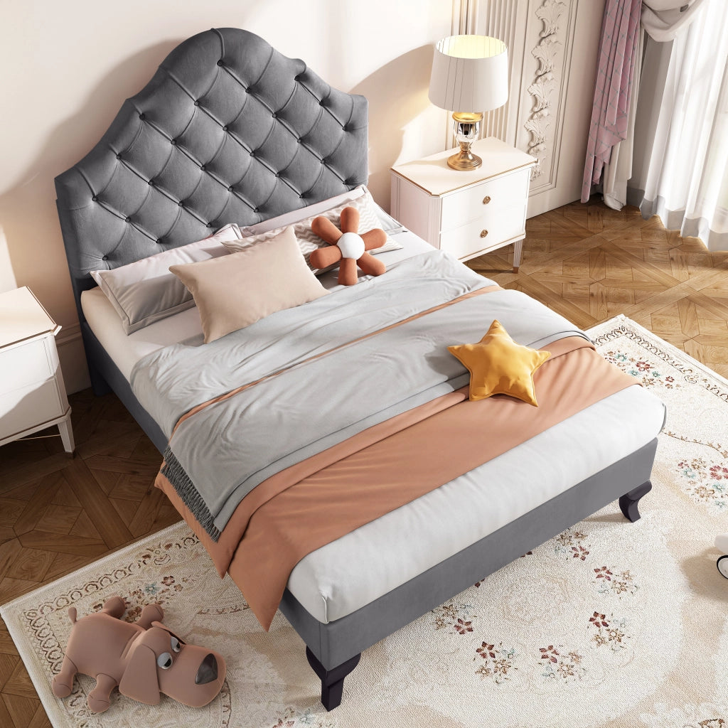 Letto imbottito 90x200 cm in velluto grigio con rete a doghe e testiera regolabile in altezza
