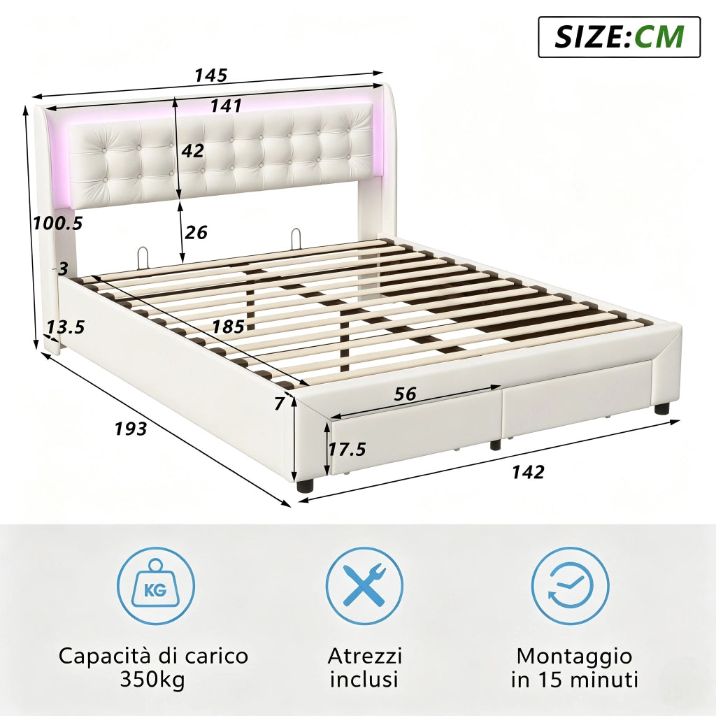 Letto contenitore matrimoniale 140x190 cm con  LED;Sollevamento idraulico e 2 cassetti;Velluto; beige