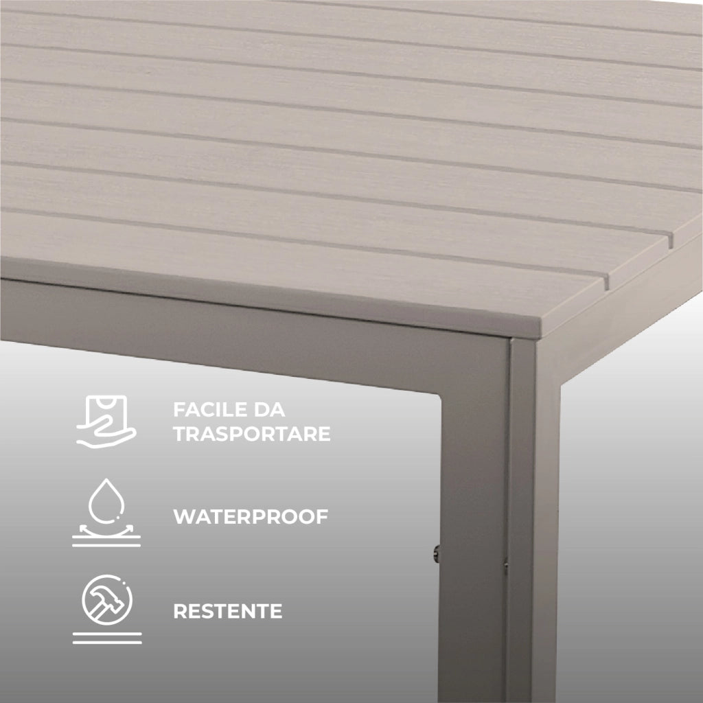 Set Tavolo da Giardino con 6 Sedie in Acciaio e Piano HDPE Effetto Teak, Tavolo Esterno Rettangolare Moderno Resistente alle Intemperie, Arredo Outdoor Terrazzo Balcone Beige
