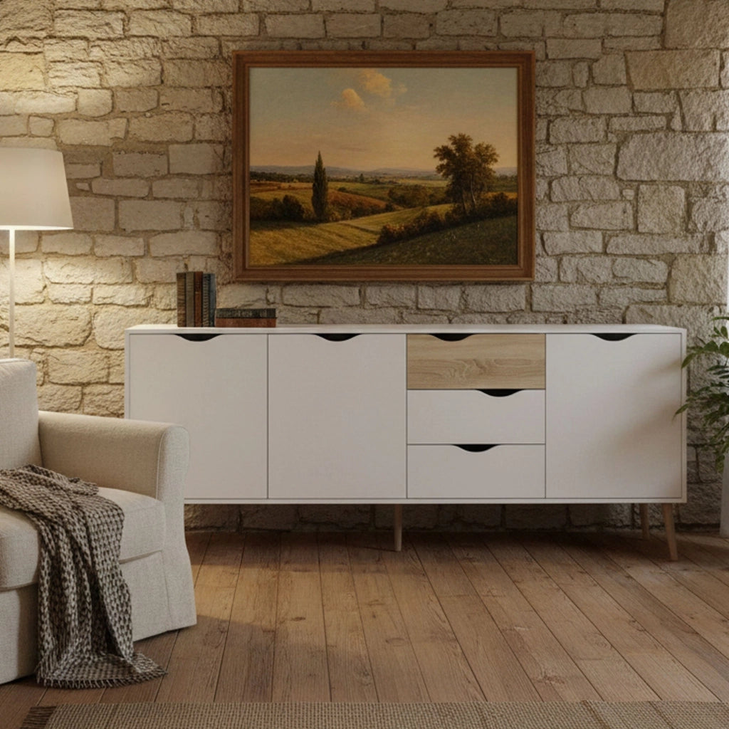 Credenza a tre a ante e tre Anima, colore bianco e rovere, Misure 195 x 81 x 39 cm