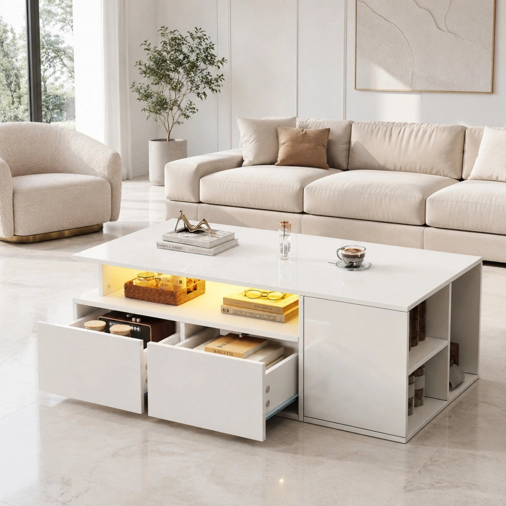 Tavolino da caff猫 con LED e 2 cassetti 100 x 50 x 35 cm bianco