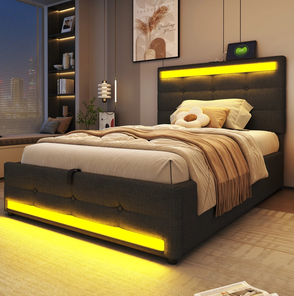 Letto singolo imbottito 90x200 cm con LED RGB e USB grigio