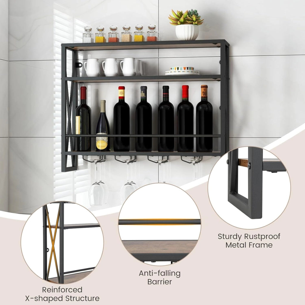 Scaffale per Vino da Parete, Portabottiglie a 3 Livelli, Portabottiglie da Vino con Supporto in Vetro, per Cucina, Casa, 80x20x63 cm