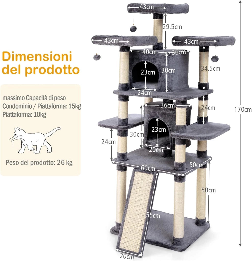 Tiragraffi per Gatti Adulti, Tiragraffi per Gatti con Cuccia, Piattaforma, Cuscini e Tiragraffi, Albero Tiragraffi per Gatti Grandi Alto in Legno, 60 x 50 x 170 cm