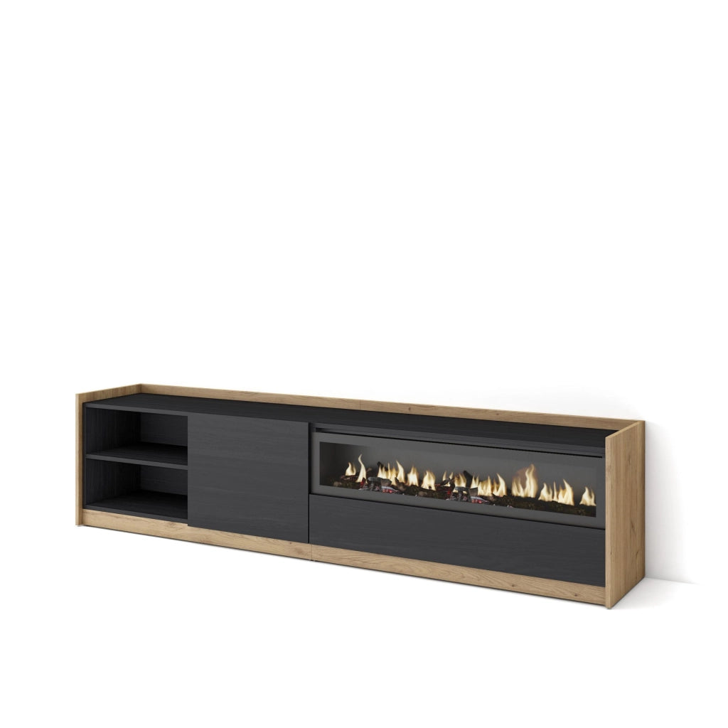 Mobile TV Soggiorno, 207x50x37 cm, Per TV fino a 80", Camino elettrico, Nero e rovere