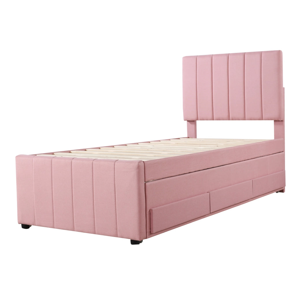 Letto imbottito con letto estraibile e 3 cassetti; 90x200 cm; rosa