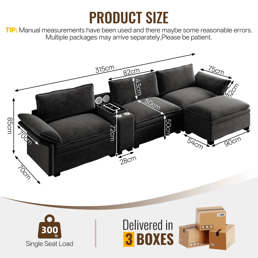 Divano Angolare Modulare 315 cm ¨C MINIMAL ¨C Chenille Nero con Contenitore, Poggiapiedi e Luce