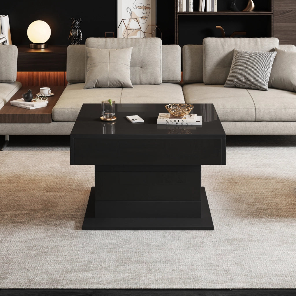 TAVOLO da salotto 70x70x45 cm nero lucido con piano sollevabile e 1 cassetto