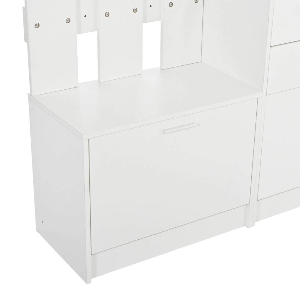 Mobile da ingresso con asta; specchio; 2 cassetti; 2 scarpiere a ribalta e 3 ganci; MDF; bianco; 110x34x185 cm