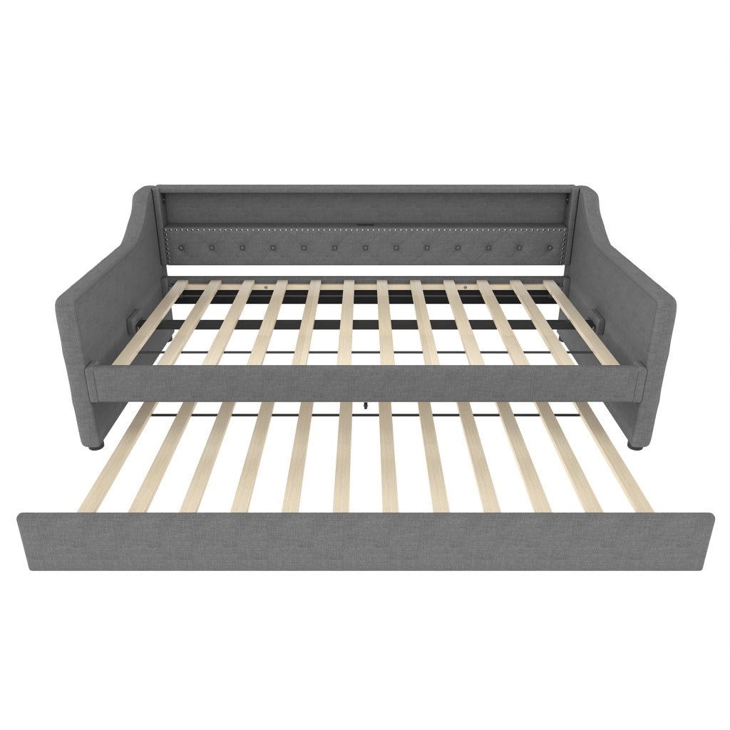 OKWISH Letto a Divano 90×200 cm, Letto Singolo con LED Regolabile, USB e Letto Estraibile 90×190 cm, senza Materasso, in Lino, Grigio
