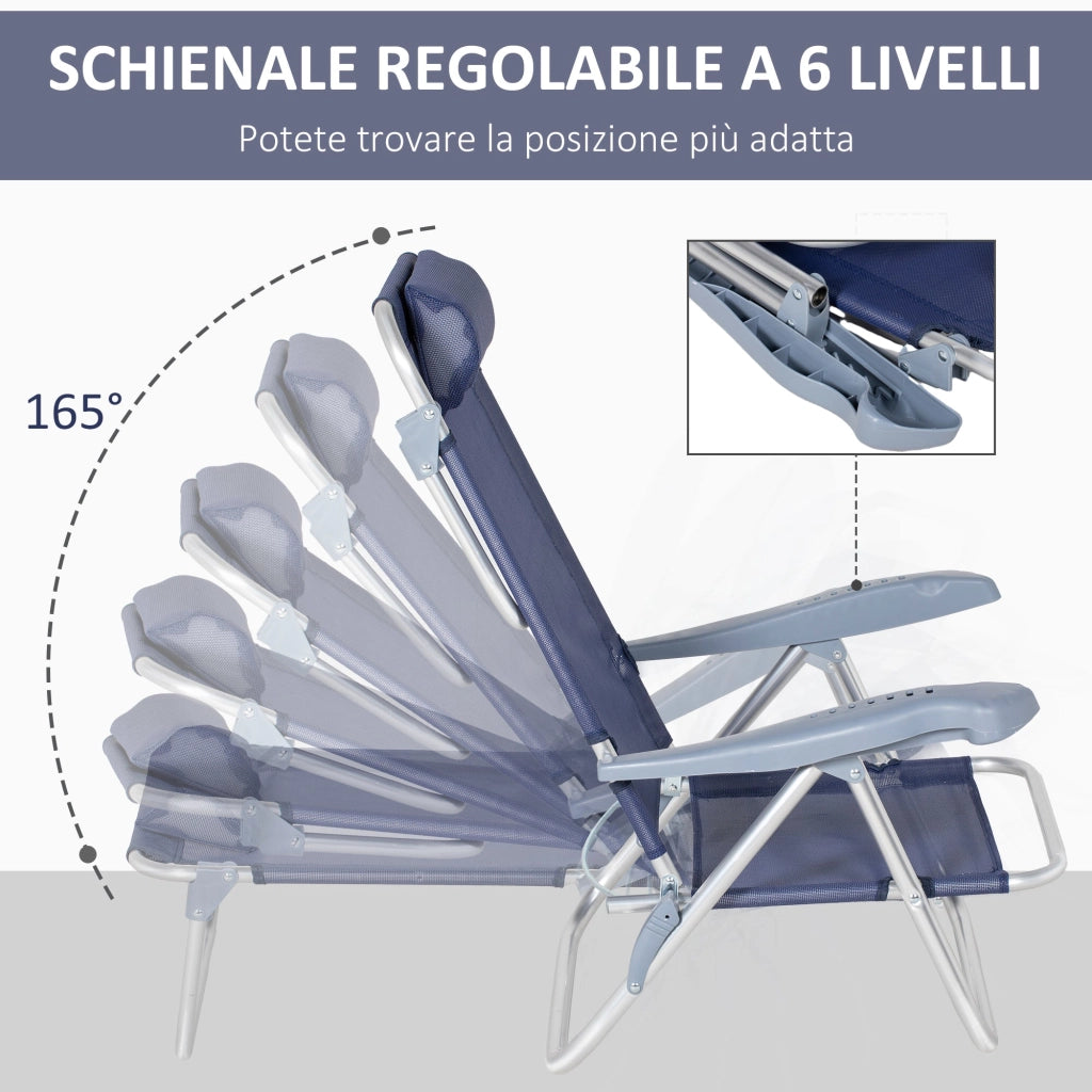 Set 2 Sedie da Pesca Pieghevoli e Reclinabili 6 Livelli 62x65x80 cm in Alluminio e Tessuto Blu Scuro