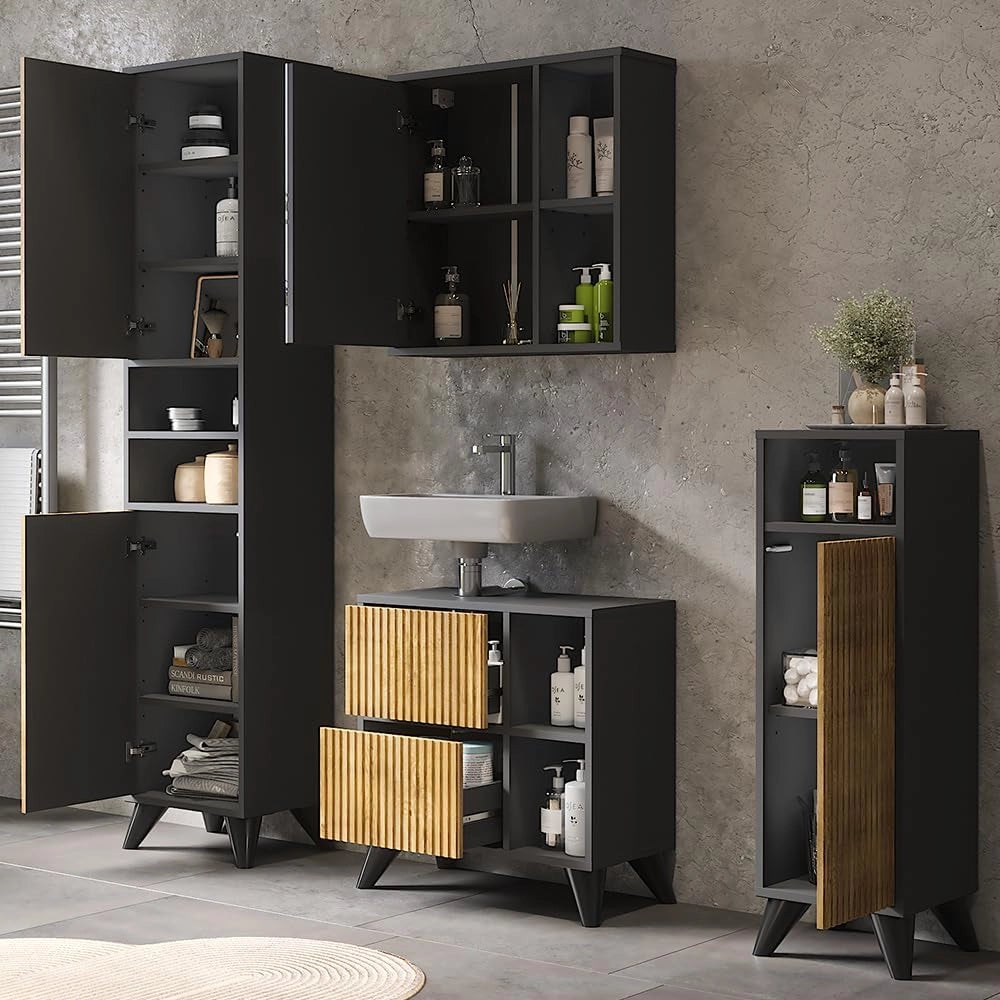 Set di mobili da bagno Leano, Antracite/quercia di montagna, 60 cm, composto da mobile lavabo, pensile a specchio, colonna e base media