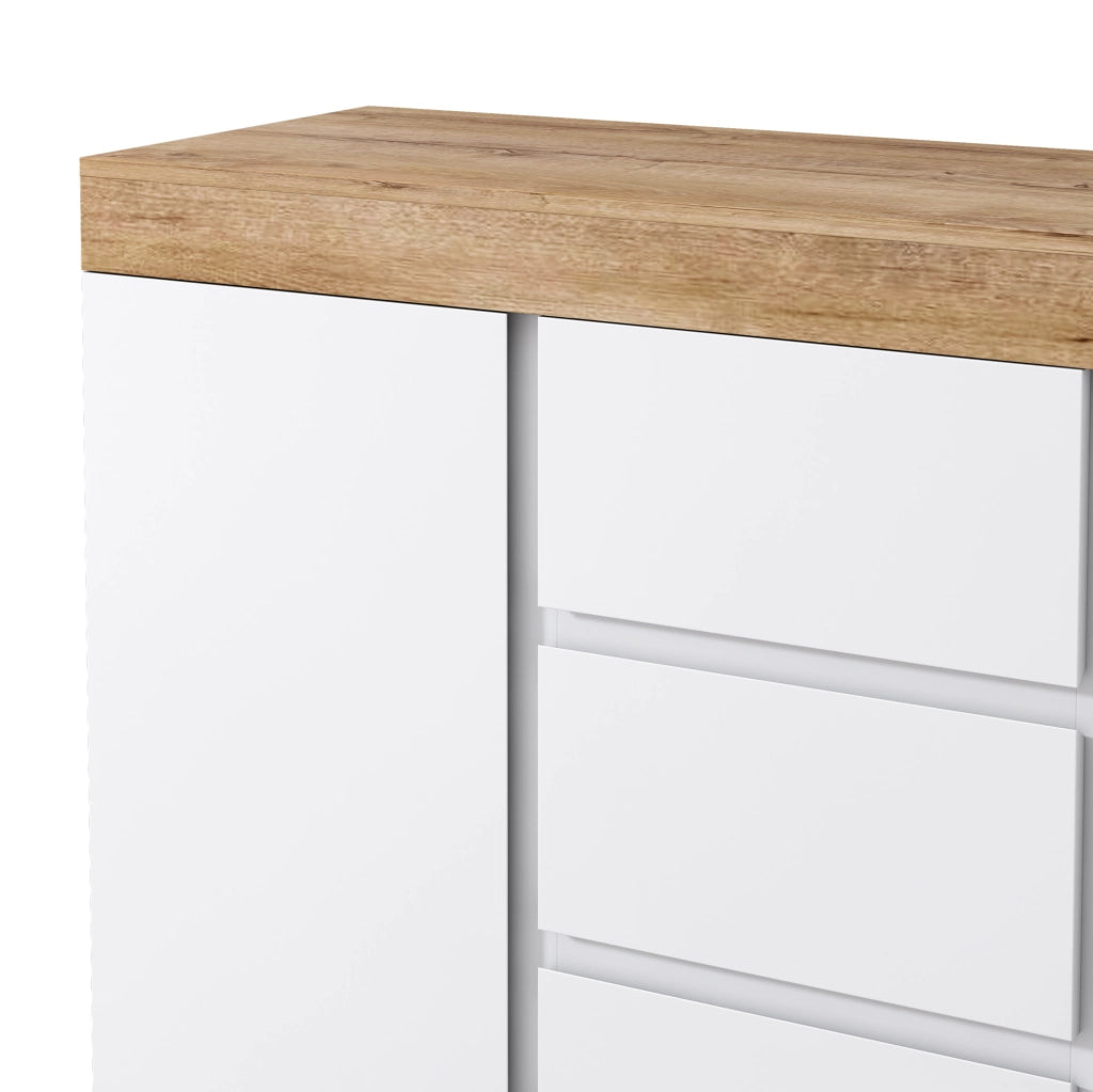 Cassettiera con 3 cassetti e 2 ante; bianco e rovere