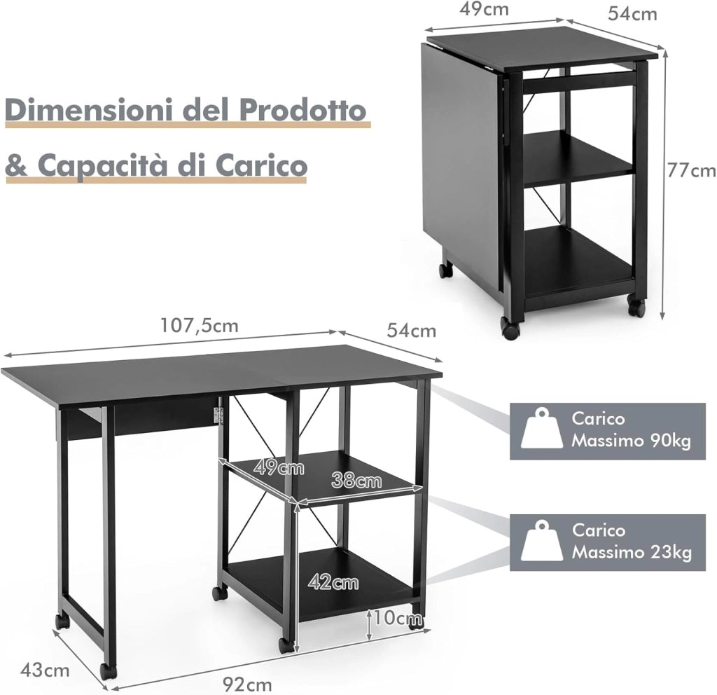 Scrivania Pieghevole per Computer, Scrivania Moderna con 2 Mensole, Postazione di Lavoro per PC con 6 Ruote, Scrivania Compatta Salva Spazio per Casa Ufficio, Marrone (Nero)