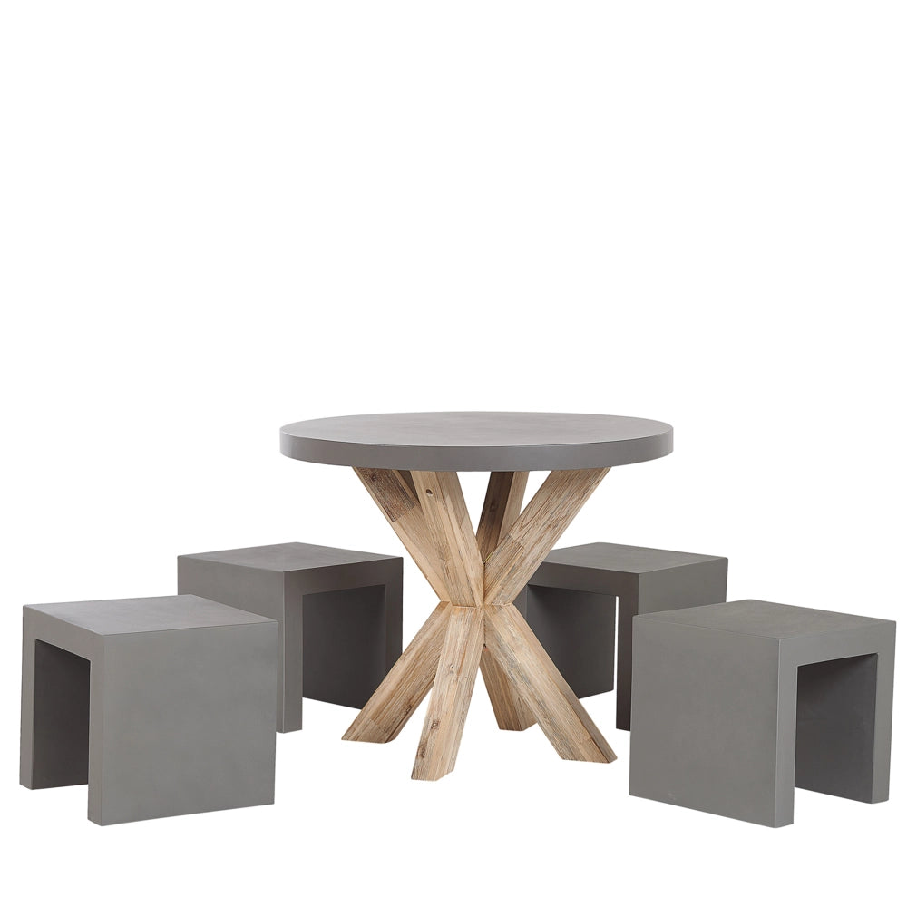 Set da Giardino con Tavolo Rotondo in Legno e 4 Sgabelli in Cemento Grigio