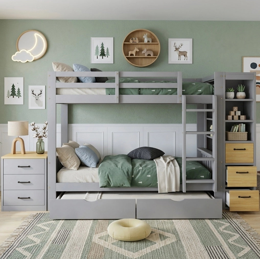 Letto a castello 90x200 cm con due cassetti; scaffale laterale e comodino separato; grigio chiaro/naturale