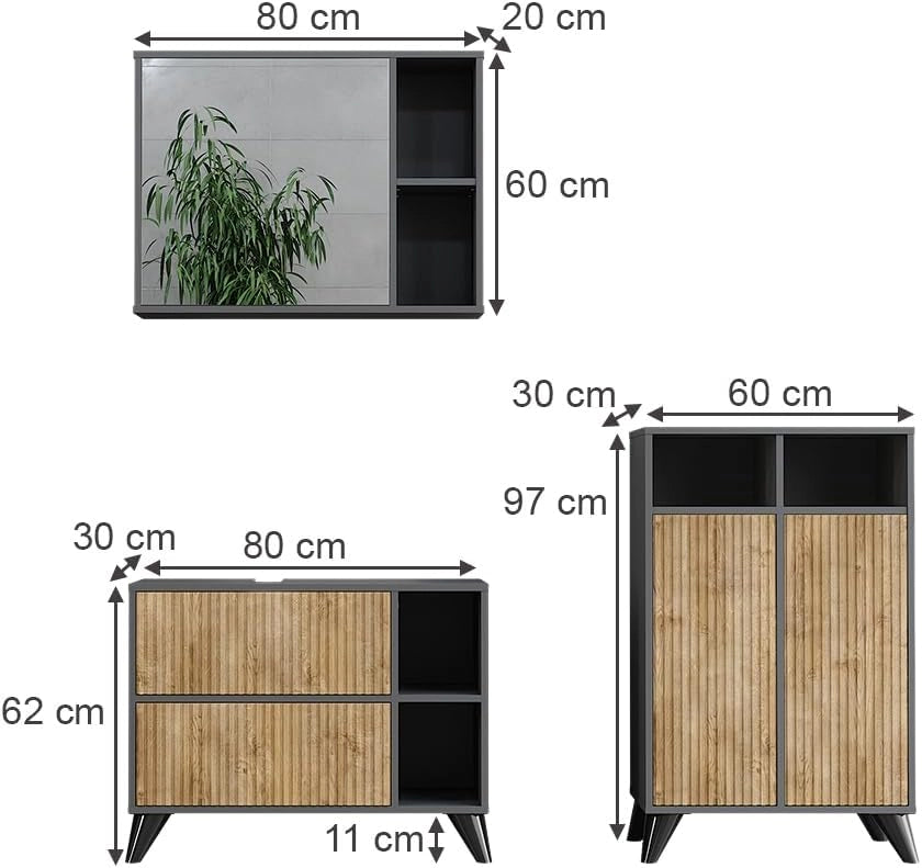 Set di mobili da bagno Leano, Antracite/quercia di montagna, 80 cm, composto da mobile sottolavabo, specchiera e mobile medio