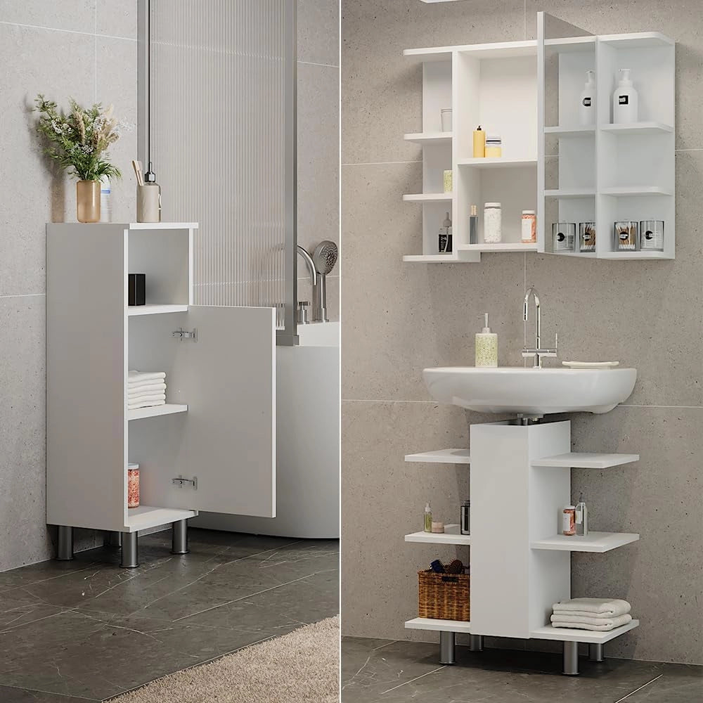 Set mobili bagno Fynn, Bianco, 79.6 cm, composto da mobile sottolavabo, specchiera e mobile medio