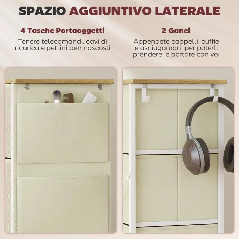 CASSETTIERA 8 CASSETTI PIEGHEVOLI CON 4 TASCHE E 2 GANCI, IN LEGNO, ACCIAIO E TESSUTO, 86X30X94.5 CM