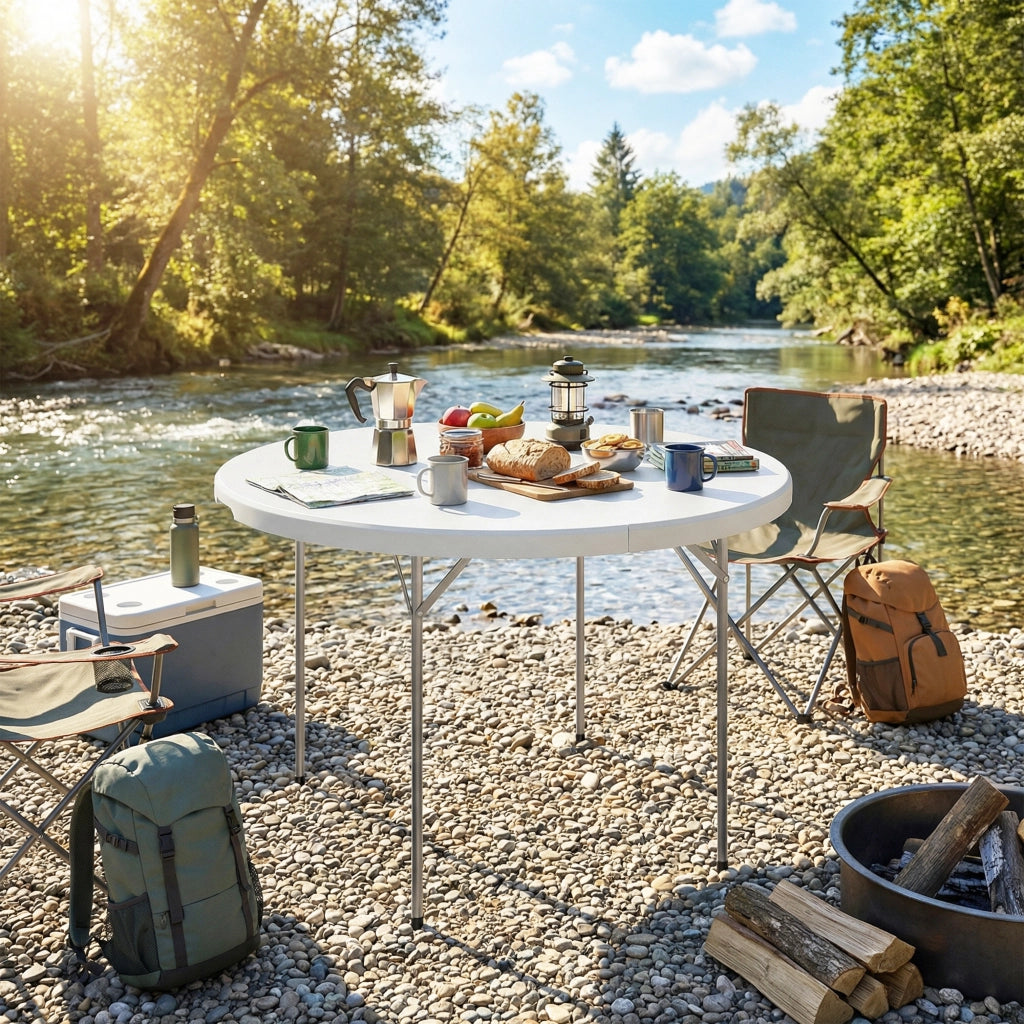 Tavolo da Campeggio Pieghevole Ø120x74 cm in Metallo e HDPE Bianco