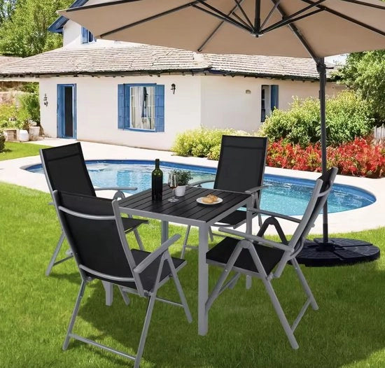 Set di tavola da giardino in alluminio - 1 tavolo - 4 sedie regolabili - Alluminio - Grigio/Nero
