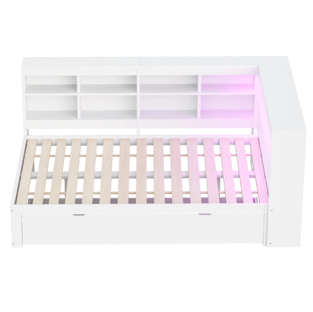Divano letto 140x200 cm; con USB e LED; legno bianco