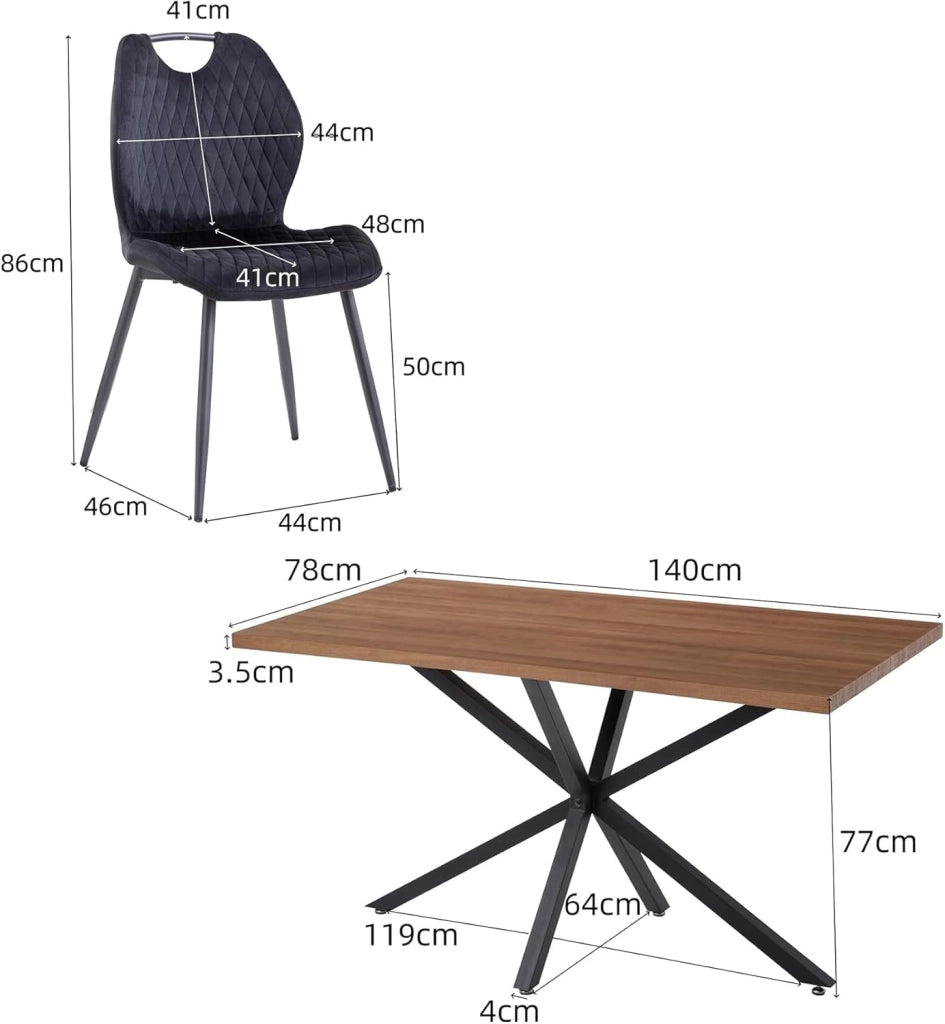 GrandCA HOME Set tavolo e sedie da pranzo,tavolo da pranzo quadrato da 140 cm e 4 sedie da cucina imbottite, adatto per cucine e sale da pranzo(Venature del legno scure + nero)