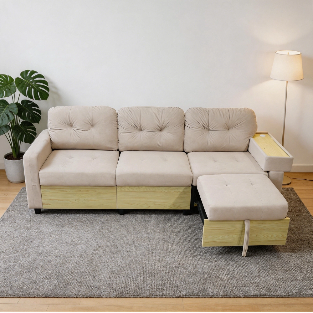 Divano Angolare 3 Posti con Penisola Estraibile, Contenitore e Braccioli in Legno ¨C MINIMAL ¨C Velluto Verde/Beige
