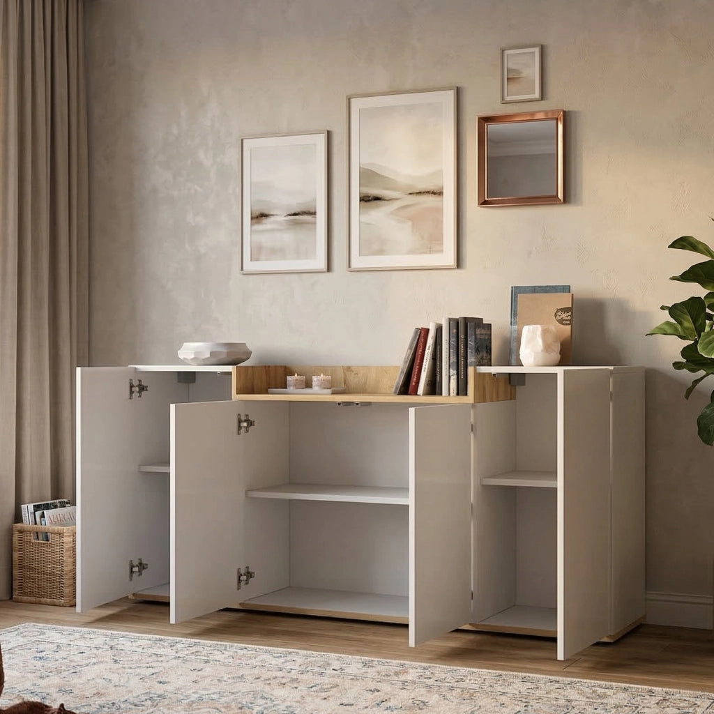Madia Swink, Credenza 6 Ripiani Made in Italy, 160x35x70h cm Bianco Lucido
