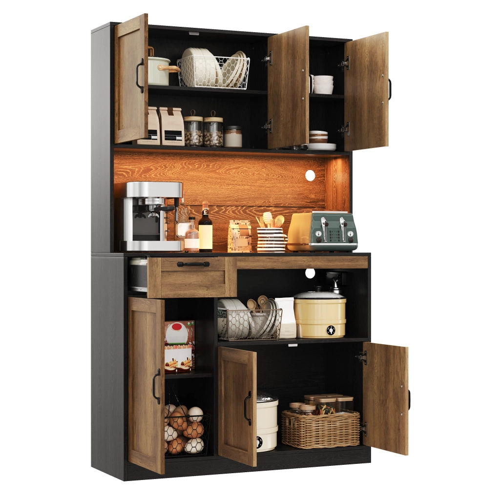 Mobile da cucina con LED RGB; prese USB e ripiani regolabili 110x40x180 cm; MDF naturale e nero