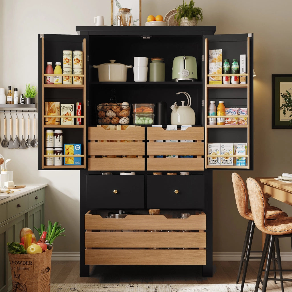 Credenza Alta da Cucina con 2 Ante; 5 Cassetti e 2 Ripiani Fissi; con Dispositivo Antiribaltamento; in MDF e Metallo; 80x40x140 cm; Nero
