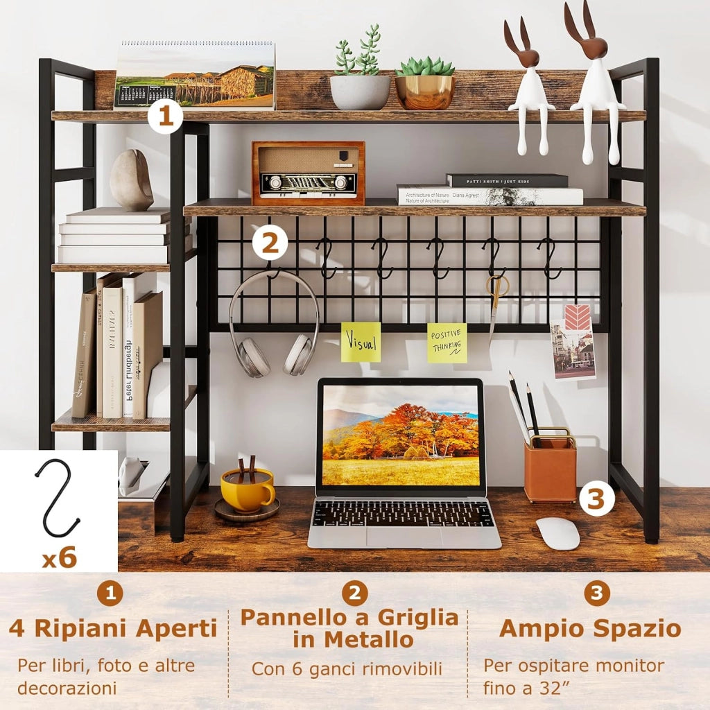 Mensola da Scrivania, Scaffale Espositivo a 4 Ripiani con Pannello a Griglia Metallica e 6 Ganci, Organizzatore da Scrivania per Computer, per Ufficio Casa Dormitorio, 94x25x73,5 cm (Marrone)