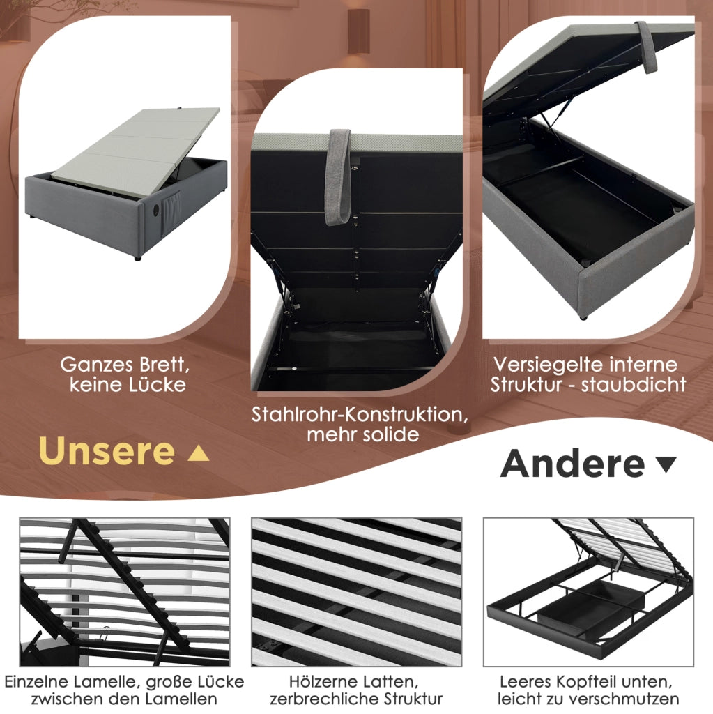 Letto contenitore 90x200 cm grigio con USB/Type-C
