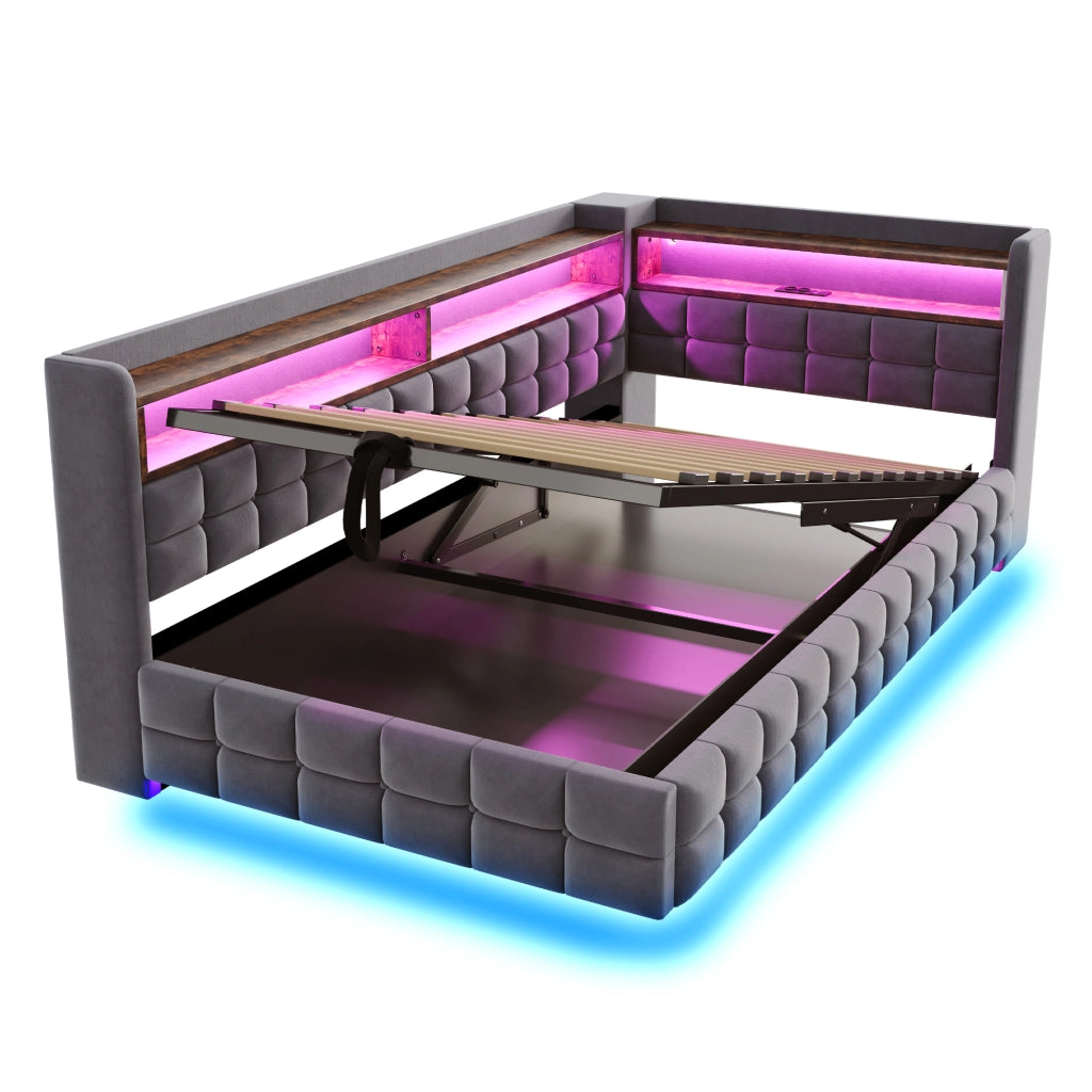 Letto imbottito singolo 90×200 cm con contenitore; LED; USB; tipo C; ripiani; senza materasso; grigio
