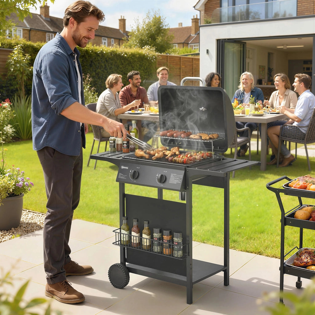 Barbecue Gas, 2 Bruciatori, Tavolini Laterali, Vassoio Raccogli Grassi, Nero.
