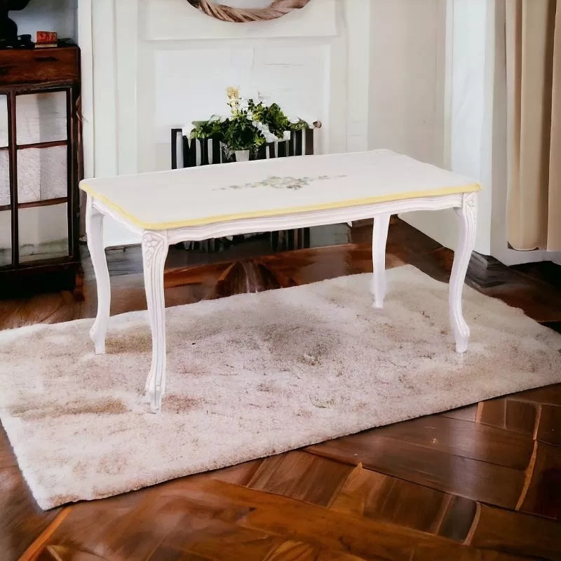 Tavolino shabby legno bianco anticato decorato filo ocra 100x50x50 - Mobili 2G