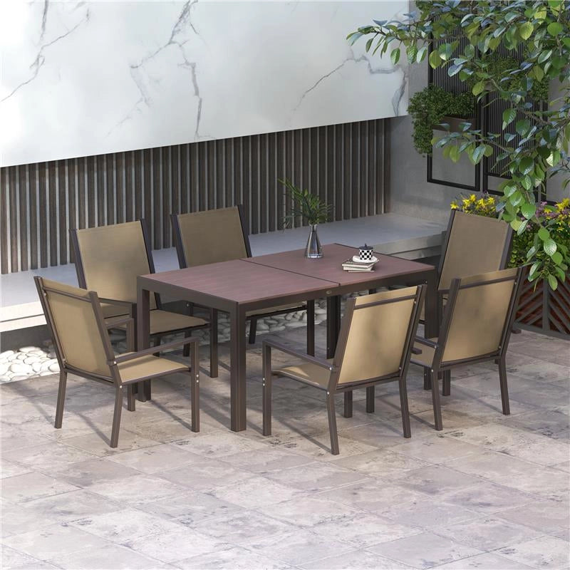 SET DA GIARDINO 7 PEZZI IN PLASTICA CON 6 SEDIE IMPILABILI E TAVOLO RETTANGOLARE, KAKI E MARRONE