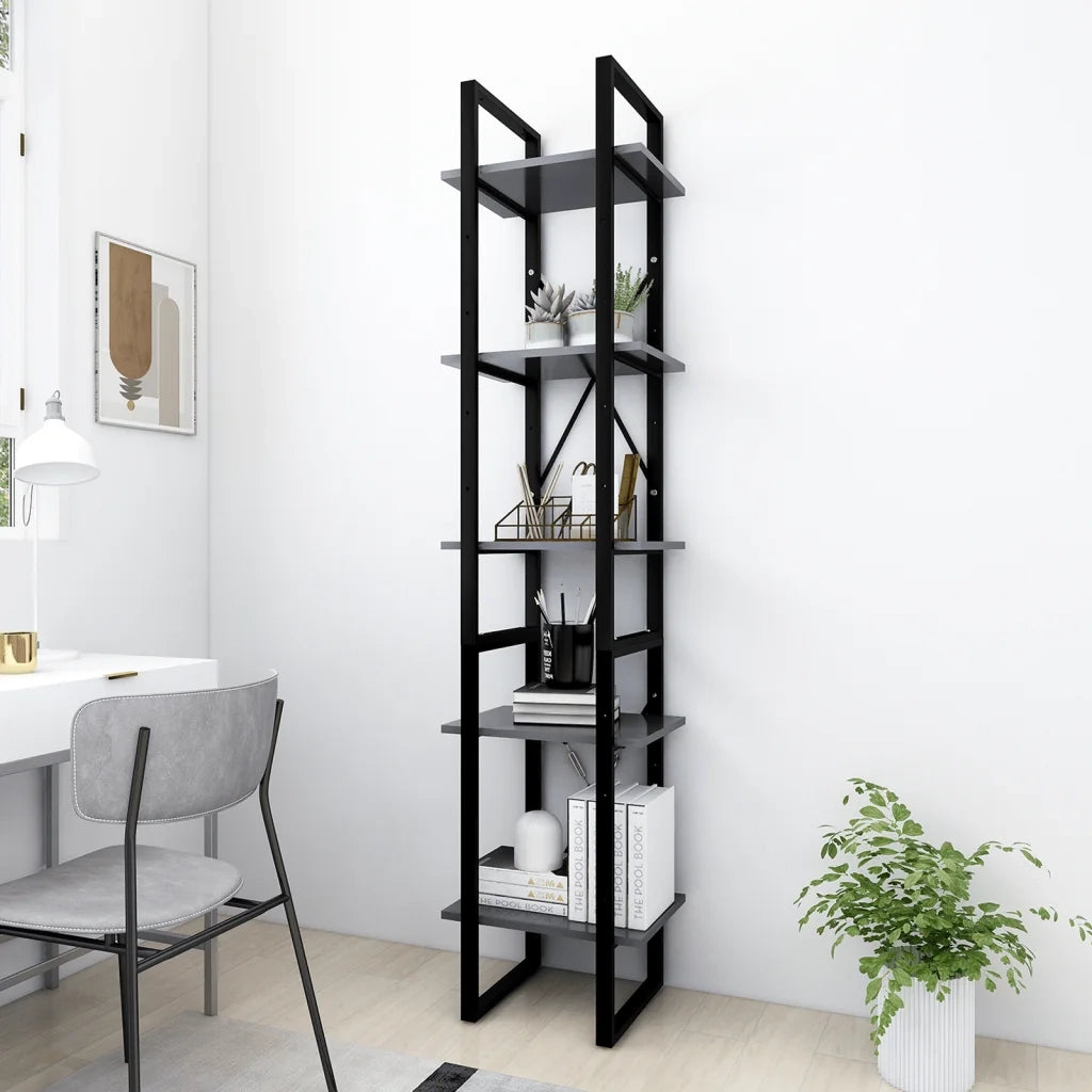 Libreria a 5 Ripiani-Scaffale per Libri-Mobile di Stoccaggio Grigia 40x30x175 cm in Legno Multistrato