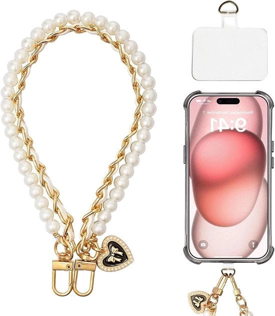 Cordone per telefono con perle - bracciale per telefono con cuore e fiocco - manubrio per telefono a mano libera - rimovibile - bianco - femminile