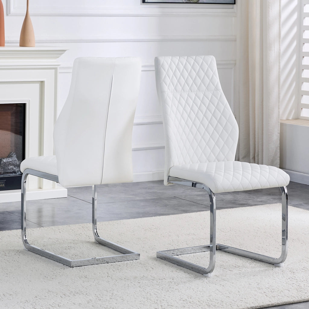 Sedia da Pranzo Set da 2 con Schienale Alto Ergonomico e Seduta Imbottita, in PU Bianco e Metallo Argento