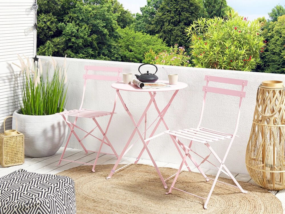 Set da bistrot da 3 pezzi in metallo di colore rosa pastello con schienale a doghe pieghevole all'aperto