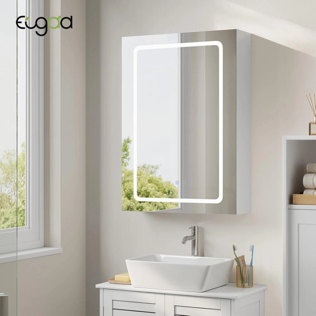 Mobile Bagno con Specchio e Luce, Armadietto Bagno con Ripiani Regolabili, Ganci e Prese, Luce Tattile a 3 Colori, per Appartamento, Bianco, 50x14,5x70 cm