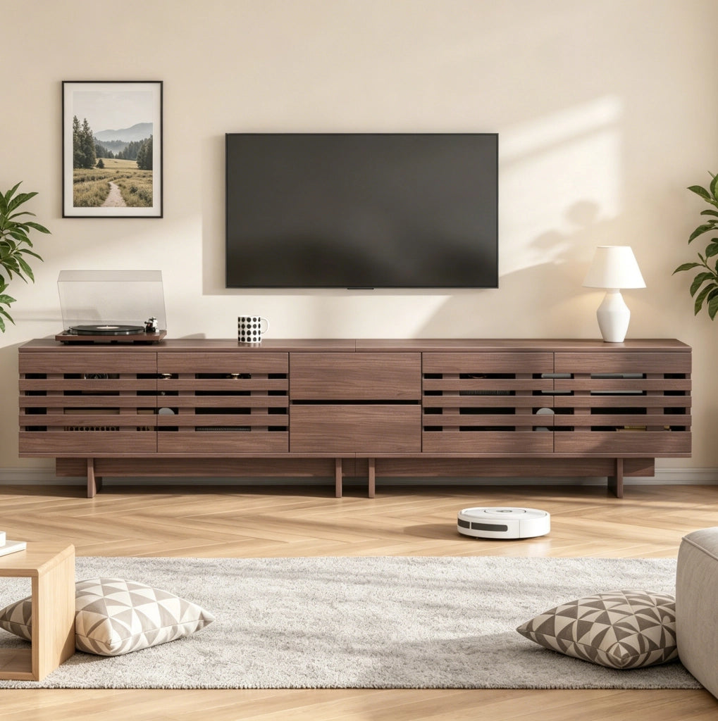 Mobile TV 200x39.5x55 cm per TV fino a 80 pollici con 2 cassetti; 4 ante; in MDF e truciolato naturale